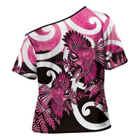 Piwakawaka New Zealand Matariki Cross Shoulder Shirt Maori New Year Silver Fern Pink Galaxy