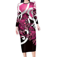 Piwakawaka New Zealand Matariki Family Matching Long Sleeve Bodycon Dress and Hawaiian Shirt Maori New Year Silver Fern Pink Galaxy