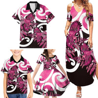 Piwakawaka New Zealand Matariki Family Matching Summer Maxi Dress and Hawaiian Shirt Maori New Year Silver Fern Pink Galaxy