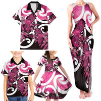Piwakawaka New Zealand Matariki Family Matching Tank Maxi Dress and Hawaiian Shirt Maori New Year Silver Fern Pink Galaxy
