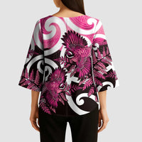Piwakawaka New Zealand Matariki Kimono Sleeve Blouse Maori New Year Silver Fern Pink Galaxy