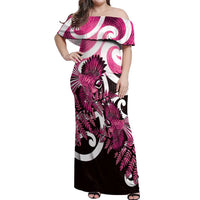 Piwakawaka New Zealand Matariki Off Shoulder Maxi Dress Maori New Year Silver Fern Pink Galaxy