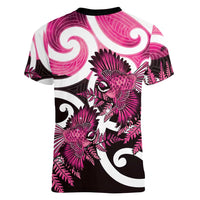 Piwakawaka New Zealand Matariki Women V-Neck T-Shirt Maori New Year Silver Fern Pink Galaxy
