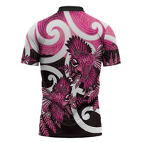 Piwakawaka New Zealand Matariki Zipper Polo Shirt Maori New Year Silver Fern Pink Galaxy