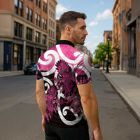 Piwakawaka New Zealand Matariki Zipper Polo Shirt Maori New Year Silver Fern Pink Galaxy