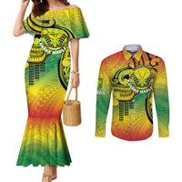 Hawaii Flag Day Couples Matching Mermaid Dress and Long Sleeve Button Shirt Kanaka Maoli With Kakau Polynesian Pattern LT14 Green - Polynesian Pride