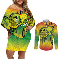 Hawaii Flag Day Couples Matching Off Shoulder Short Dress and Long Sleeve Button Shirt Kanaka Maoli With Kakau Polynesian Pattern LT14