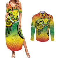 Hawaii Flag Day Couples Matching Summer Maxi Dress and Long Sleeve Button Shirt Kanaka Maoli With Kakau Polynesian Pattern LT14 Green - Polynesian Pride