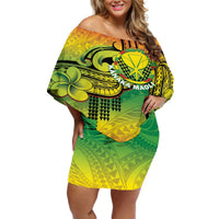 Hawaii Flag Day Off Shoulder Short Dress Kanaka Maoli With Kakau Polynesian Pattern LT14 Women Green - Polynesian Pride