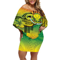 Hawaii Flag Day Off Shoulder Short Dress Kanaka Maoli With Kakau Polynesian Pattern LT14 Women Green - Polynesian Pride