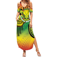 Hawaii Flag Day Summer Maxi Dress Kanaka Maoli With Kakau Polynesian Pattern LT14 Women Green - Polynesian Pride