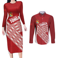 Tonga Rugby Custom Couples Matching Long Sleeve Bodycon Dress and Long Sleeve Button Shirt Go ʻIkale Tahi Go Tongan Tapa Cloth