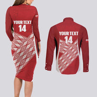 Tonga Rugby Custom Couples Matching Long Sleeve Bodycon Dress and Long Sleeve Button Shirt Go ʻIkale Tahi Go Tongan Tapa Cloth