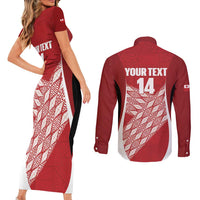Tonga Rugby Custom Couples Matching Short Sleeve Bodycon Dress and Long Sleeve Button Shirt Go ʻIkale Tahi Go Tongan Tapa Cloth