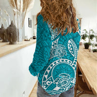 Polynesian Pride Hawaii Women Casual Shirt Hawaiian Tribal Honu Turquoise Version LT14