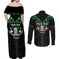 Personalised Aotearoa Rugby Couples Matching Off Shoulder Maxi Dress and Long Sleeve Button Shirt New Zealand Maori Kete Matauranga Pattern