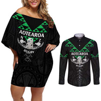 Personalised Aotearoa Rugby Couples Matching Off Shoulder Short Dress and Long Sleeve Button Shirt New Zealand Maori Kete Matauranga Pattern