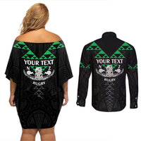 Personalised Aotearoa Rugby Couples Matching Off Shoulder Short Dress and Long Sleeve Button Shirt New Zealand Maori Kete Matauranga Pattern