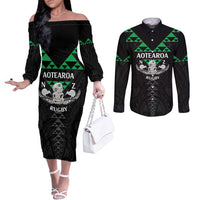 Personalised Aotearoa Rugby Couples Matching Off The Shoulder Long Sleeve Dress and Long Sleeve Button Shirt New Zealand Maori Kete Matauranga Pattern