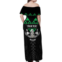Personalised Aotearoa Rugby Family Matching Off Shoulder Maxi Dress and Hawaiian Shirt New Zealand Maori Kete Matauranga Pattern