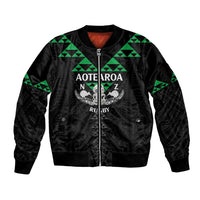 Personalised Aotearoa Rugby Sleeve Zip Bomber Jacket New Zealand Maori Kete Matauranga Pattern LT14 Unisex Black - Polynesian Pride