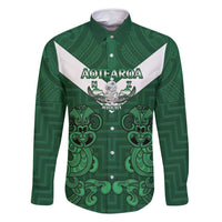 Custom Aotearoa Rugby Family Matching Off Shoulder Short Dress and Hawaiian Shirt New Zealand Maori Kete Poutama Pattern LT14 Dad's Shirt - Long Sleeve Green - Polynesian Pride