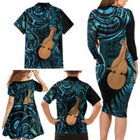 Kotiate New Zealand Family Matching Long Sleeve Bodycon Dress and Hawaiian Shirt Maori Weapon Paua Shell Haka Fern LT14 Mom's Dress Turquoise - Polynesian Pride