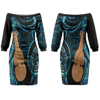 Kotiate New Zealand Family Matching Off The Shoulder Long Sleeve Dress and Hawaiian Shirt Maori Weapon Paua Shell Haka Fern LT14 Mom's Dress Turquoise - Polynesian Pride