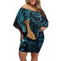 Kotiate New Zealand Off Shoulder Short Dress Maori Weapon Paua Shell Haka Fern LT14 Women Turquoise - Polynesian Pride