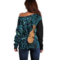 Kotiate New Zealand Off Shoulder Sweater Maori Weapon Paua Shell Haka Fern