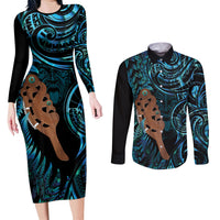 Maripi New Zealand Couples Matching Long Sleeve Bodycon Dress and Long Sleeve Button Shirt Maori Weapon Paua Shell Haka Fern