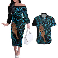 Maripi New Zealand Couples Matching Off The Shoulder Long Sleeve Dress and Hawaiian Shirt Maori Weapon Paua Shell Haka Fern