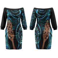 Maripi New Zealand Couples Matching Off The Shoulder Long Sleeve Dress and Long Sleeve Button Shirt Maori Weapon Paua Shell Haka Fern LT14 - Polynesian Pride