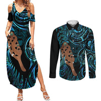 Maripi New Zealand Couples Matching Summer Maxi Dress and Long Sleeve Button Shirt Maori Weapon Paua Shell Haka Fern