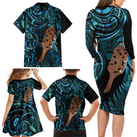 Maripi New Zealand Family Matching Long Sleeve Bodycon Dress and Hawaiian Shirt Maori Weapon Paua Shell Haka Fern LT14 Mom's Dress Turquoise - Polynesian Pride