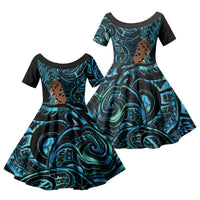 Maripi New Zealand Family Matching Long Sleeve Bodycon Dress and Hawaiian Shirt Maori Weapon Paua Shell Haka Fern LT14 Daughter's Dress Turquoise - Polynesian Pride