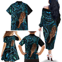 Maripi New Zealand Family Matching Off The Shoulder Long Sleeve Dress and Hawaiian Shirt Maori Weapon Paua Shell Haka Fern LT14 Mom's Dress Turquoise - Polynesian Pride