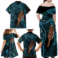 Maripi New Zealand Family Matching Off Shoulder Maxi Dress and Hawaiian Shirt Maori Weapon Paua Shell Haka Fern LT14 Mom's Dress Turquoise - Polynesian Pride