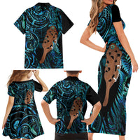 Maripi New Zealand Family Matching Short Sleeve Bodycon Dress and Hawaiian Shirt Maori Weapon Paua Shell Haka Fern LT14 Mom's Dress Turquoise - Polynesian Pride