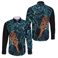 Maripi New Zealand Family Matching Summer Maxi Dress and Hawaiian Shirt Maori Weapon Paua Shell Haka Fern LT14 Dad's Shirt - Long Sleeve Turquoise - Polynesian Pride