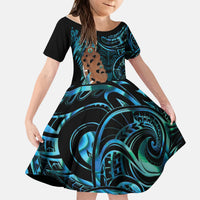 Maripi New Zealand Kid Short Sleeve Dress Maori Weapon Paua Shell Haka Fern LT14 KID Turquoise - Polynesian Pride