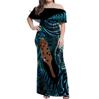 Maripi New Zealand Off Shoulder Maxi Dress Maori Weapon Paua Shell Haka Fern LT14 Women Turquoise - Polynesian Pride
