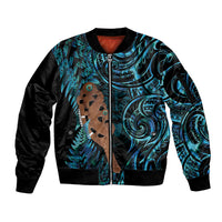 Maripi New Zealand Sleeve Zip Bomber Jacket Maori Weapon Paua Shell Haka Fern