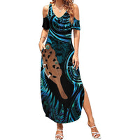 Maripi New Zealand Summer Maxi Dress Maori Weapon Paua Shell Haka Fern LT14 Women Turquoise - Polynesian Pride