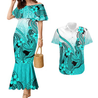 Hawaii Couples Matching Mermaid Dress And Hawaiian Shirt Polynesian Shark Tattoo With Plumeria Turquoise Gradient LT14 Turquoise - Polynesian Pride