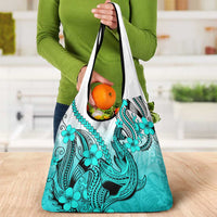 Turquoise Gradient Hawaii Grocery Bag Polynesian Shark Tattoo With Plumeria