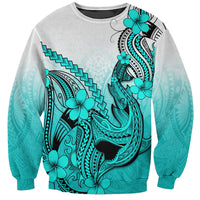 Hawaii Sweatshirt Polynesian Shark Tattoo With Plumeria Turquoise Gradient LT14 Unisex Turquoise - Polynesian Pride