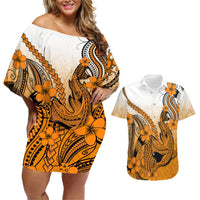 Hawaii Couples Matching Off Shoulder Short Dress and Hawaiian Shirt Polynesian Shark Tattoo With Plumeria Orange Gradient LT14 Orange - Polynesian Pride