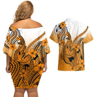 Hawaii Couples Matching Off Shoulder Short Dress and Hawaiian Shirt Polynesian Shark Tattoo With Plumeria Orange Gradient LT14 - Polynesian Pride
