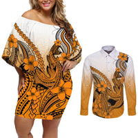 Hawaii Couples Matching Off Shoulder Short Dress and Long Sleeve Button Shirts Polynesian Shark Tattoo With Plumeria Orange Gradient LT14 Orange - Polynesian Pride